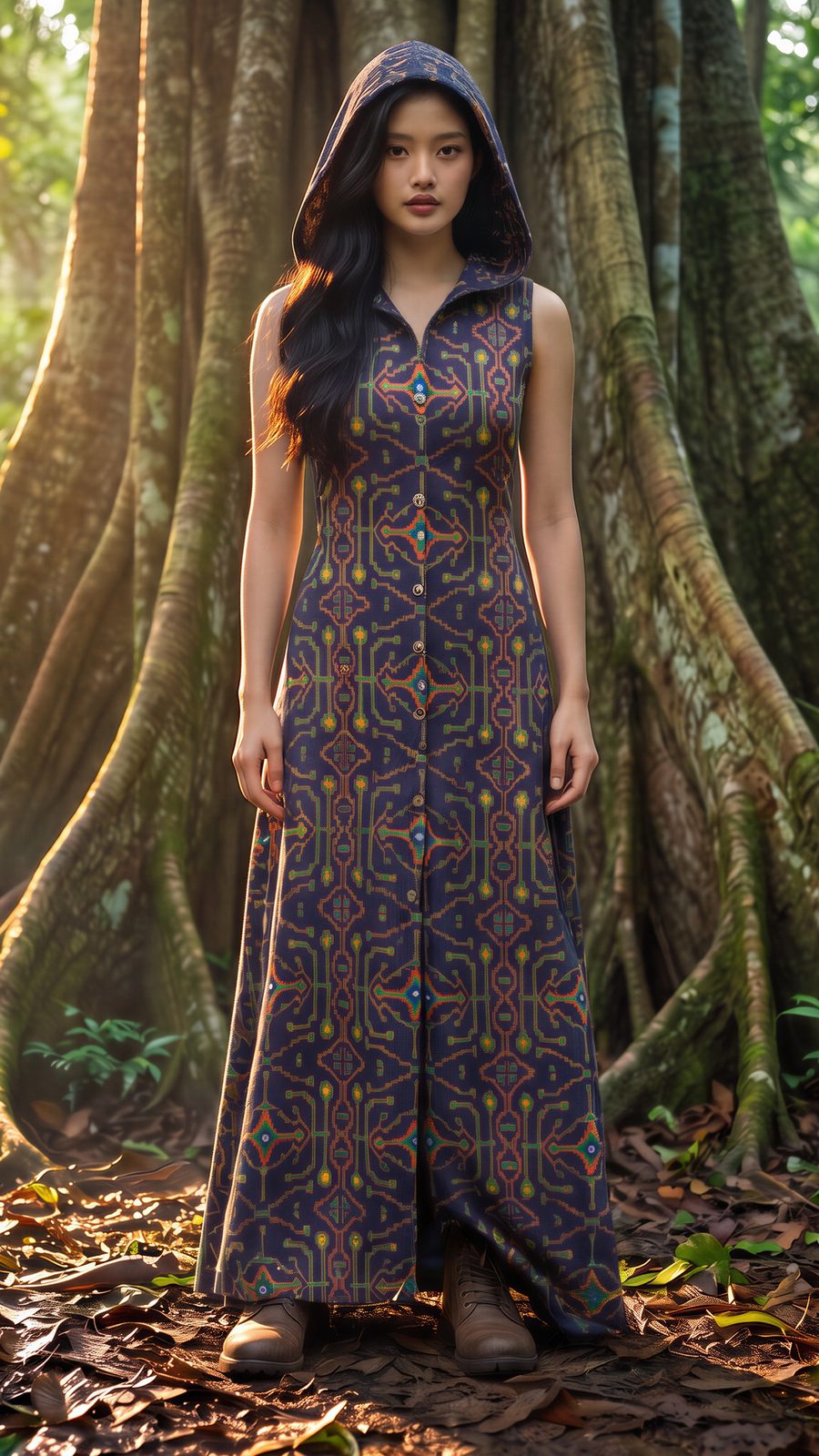 AI-generated image of the hooded dress worn, seen from the front, hood up