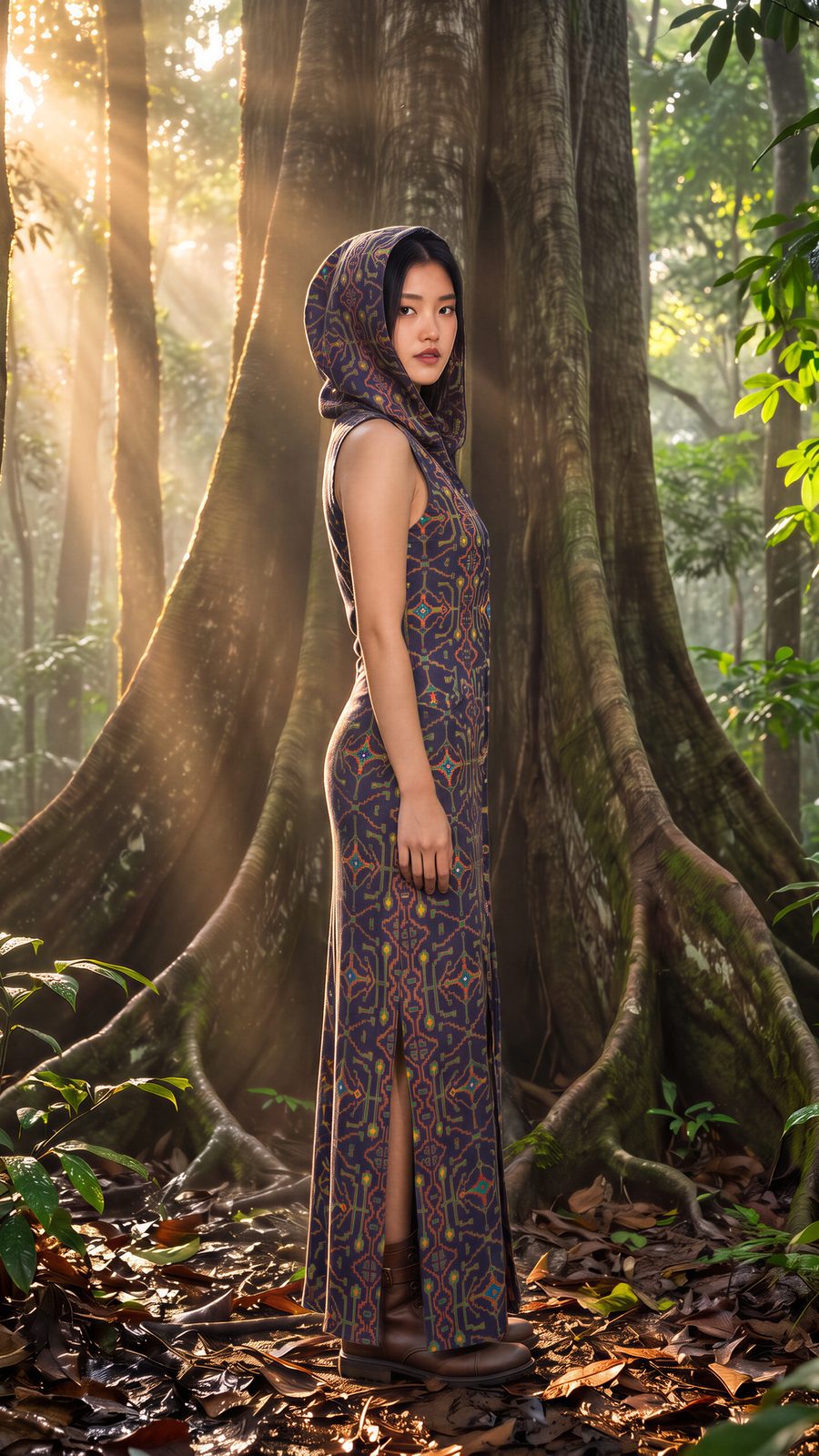AI-generated image of the hooded dress worn, left profile, showing the open side slit