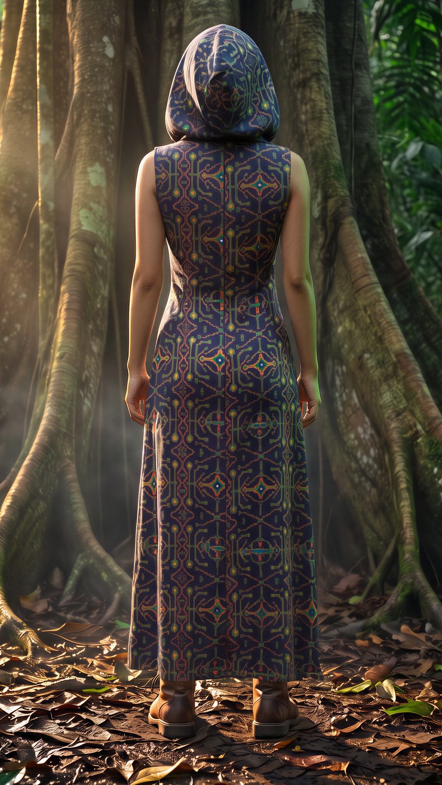 AI-generated image of the hooded dress worn, seen from behind, hood up