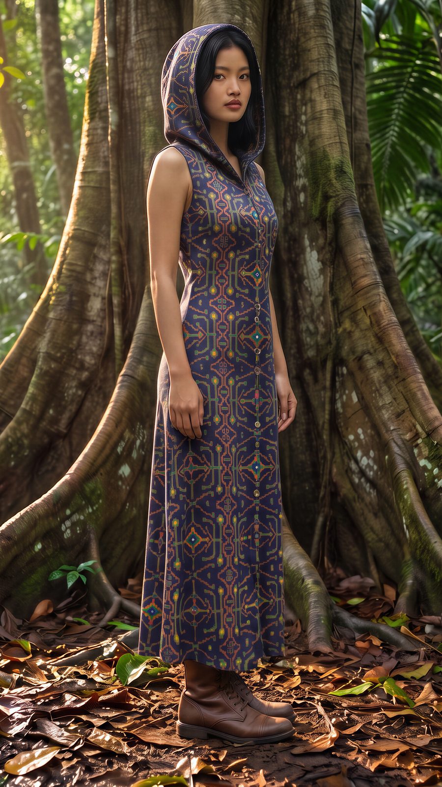 AI-generated image of the hooded dress worn, right profile, full length