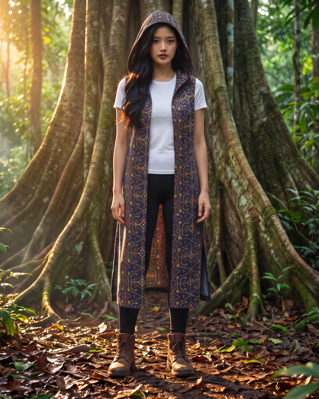 AI-generated image of Yerin in a hooded printed dress at the roots of a jungle tree at sunrise