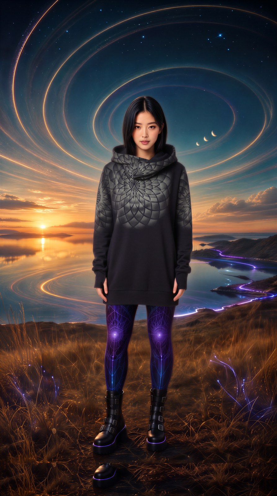 AI-generated image of the hooded lotus sweatshirt worn, seen from the front