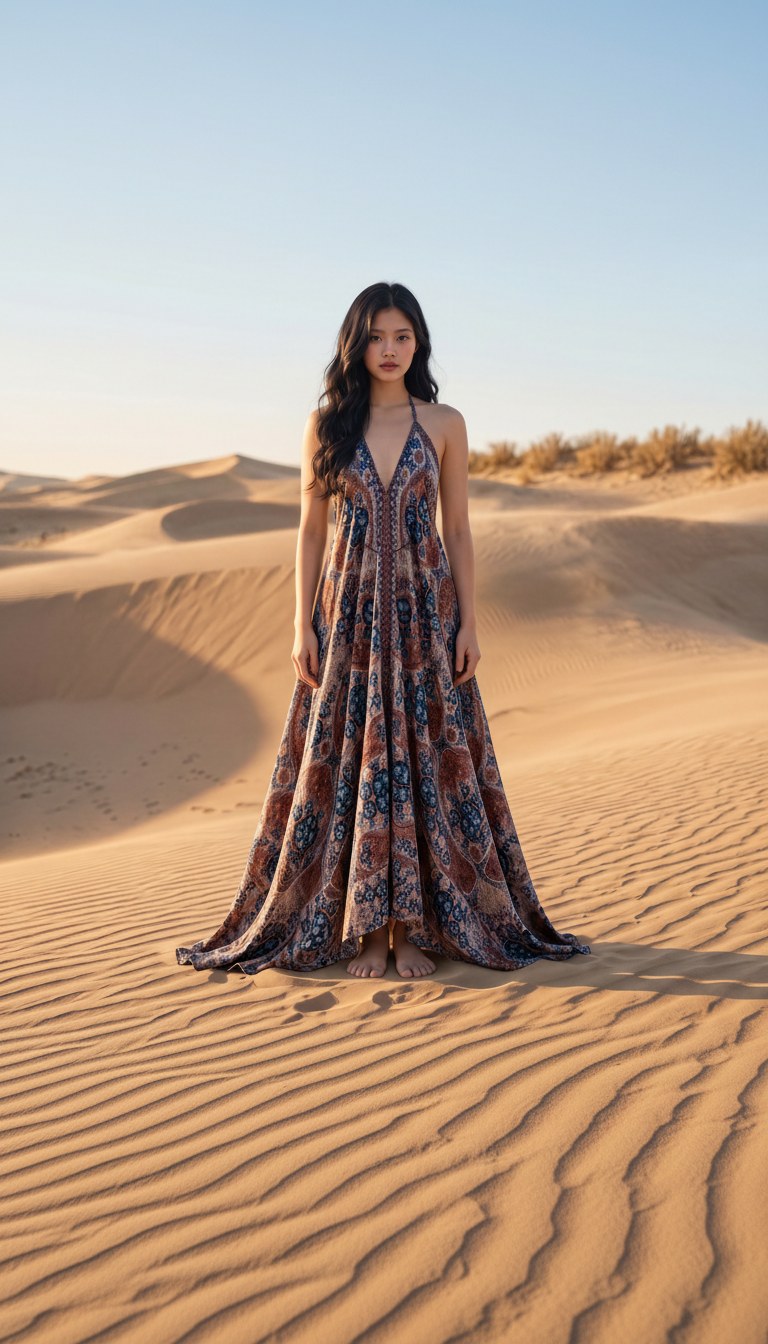 AI-generated image of the printed halterneck long dress worn, seen from the front
