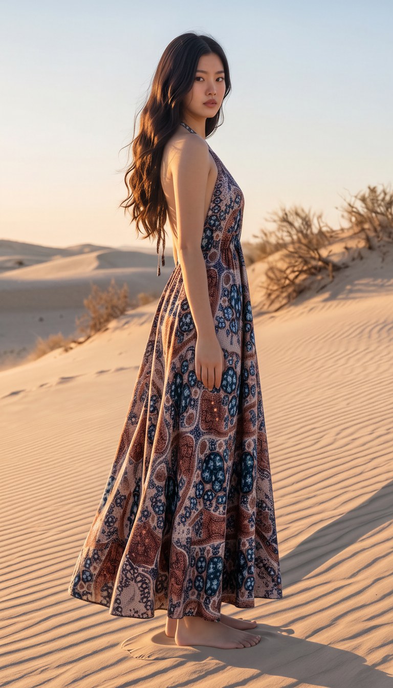 AI-generated image of the printed halterneck long dress worn, left profile