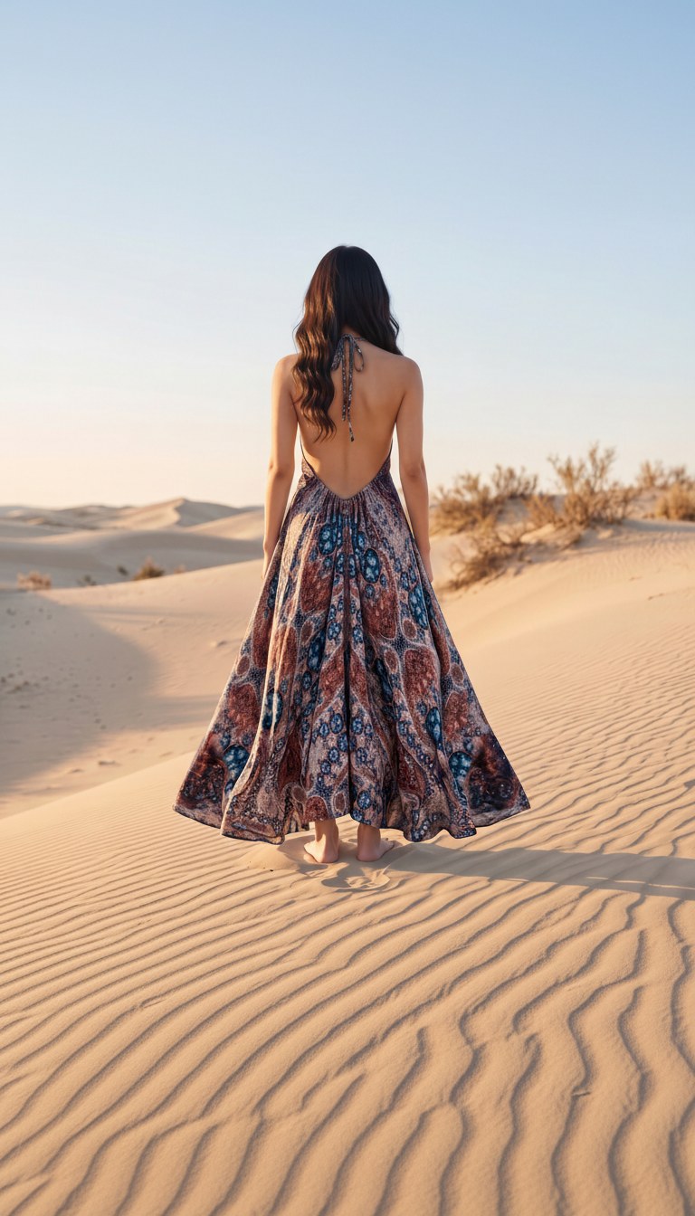AI-generated image of the printed halterneck long dress worn, seen from behind