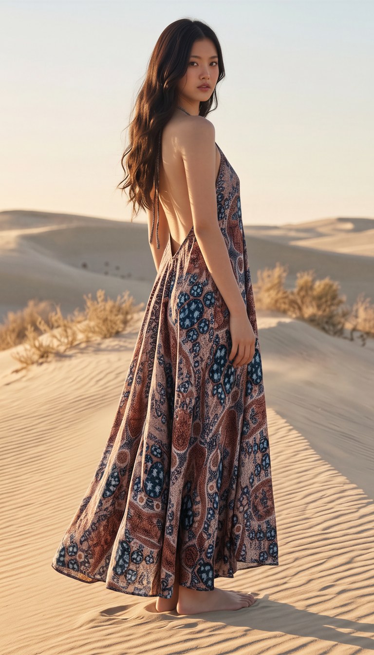 AI-generated image of the printed halterneck long dress worn, right profile