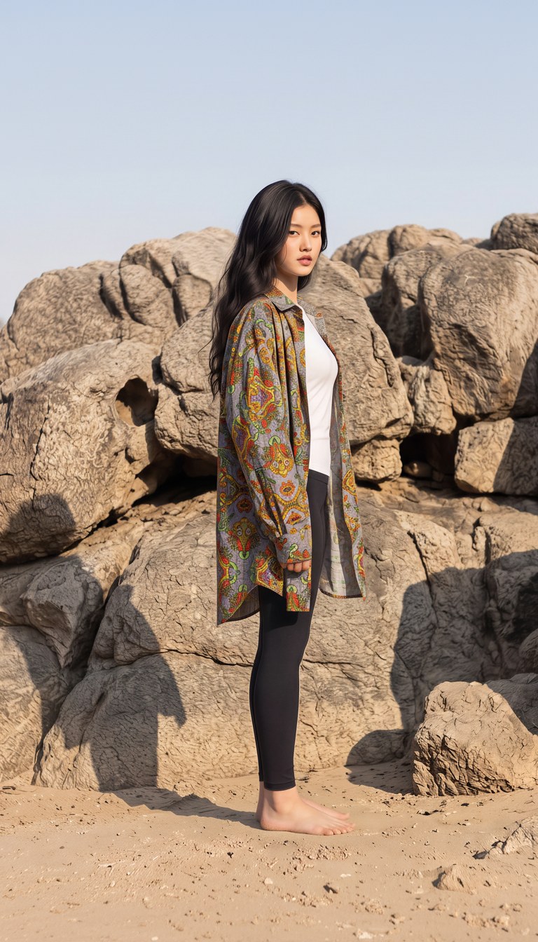 AI-generated image of the printed cotton shirt worn, left profile