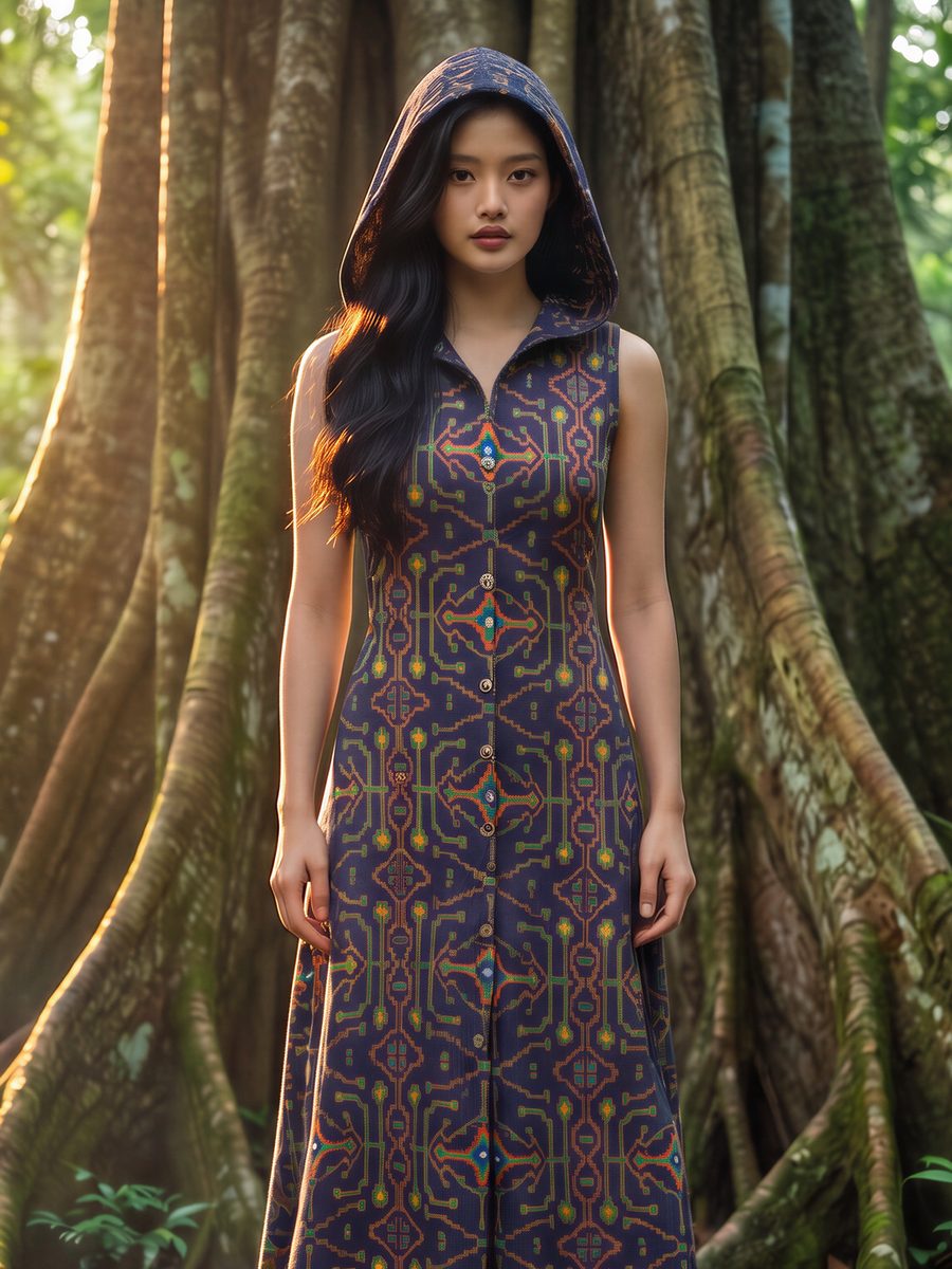 AI-generated image of the hooded dress worn, seen from the front, hood up