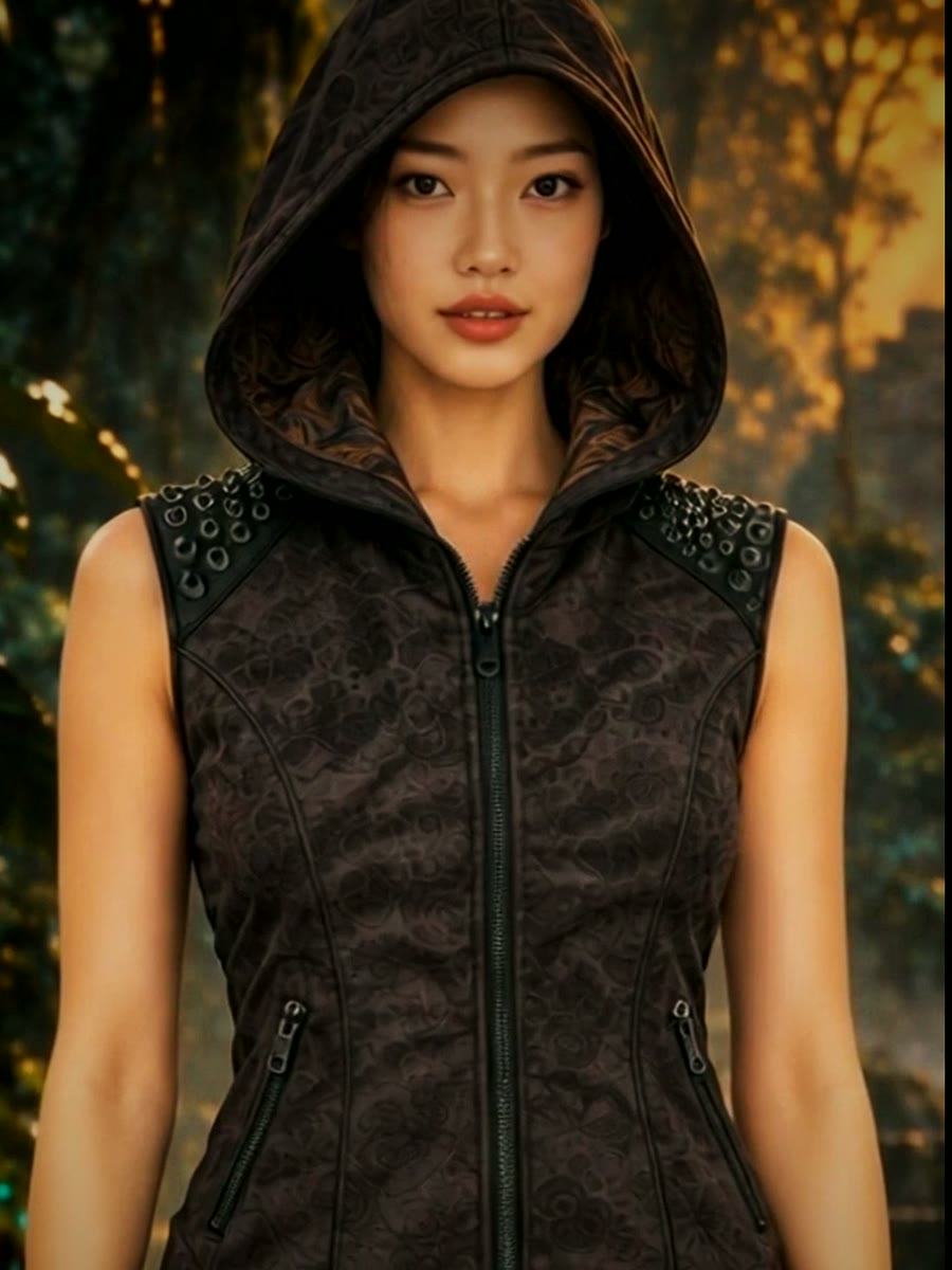 AI-generated image of the hooded jacket worn, hood up, showing the studded shoulders and the front zip