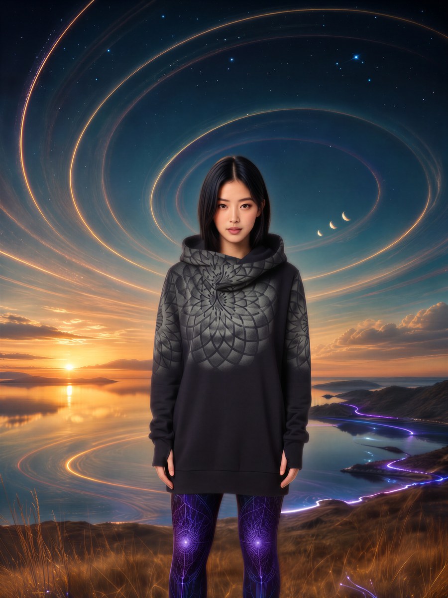 AI-generated image of the hooded lotus sweatshirt worn, seen from the front
