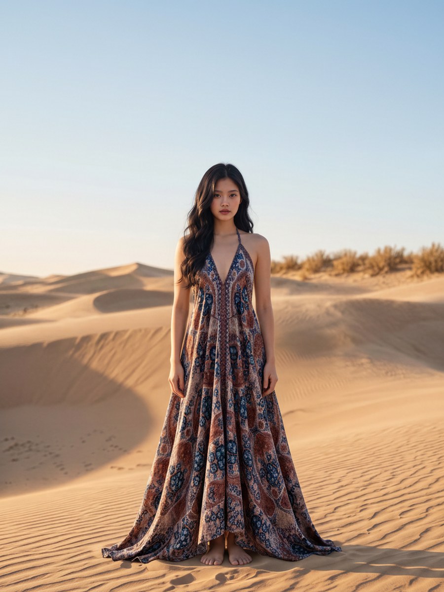 AI-generated image of the printed halterneck long dress worn, seen from the front