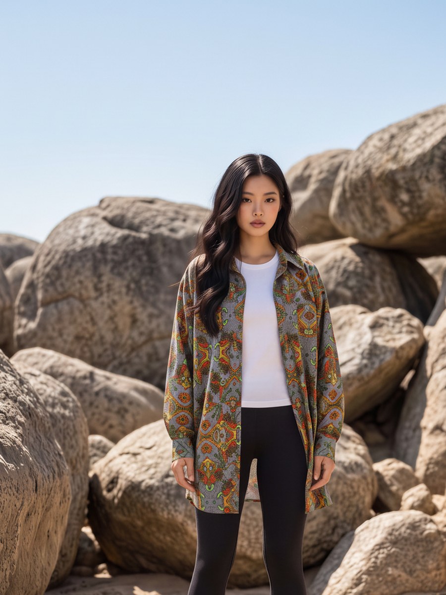 AI-generated image of the printed cotton shirt worn, seen from the front