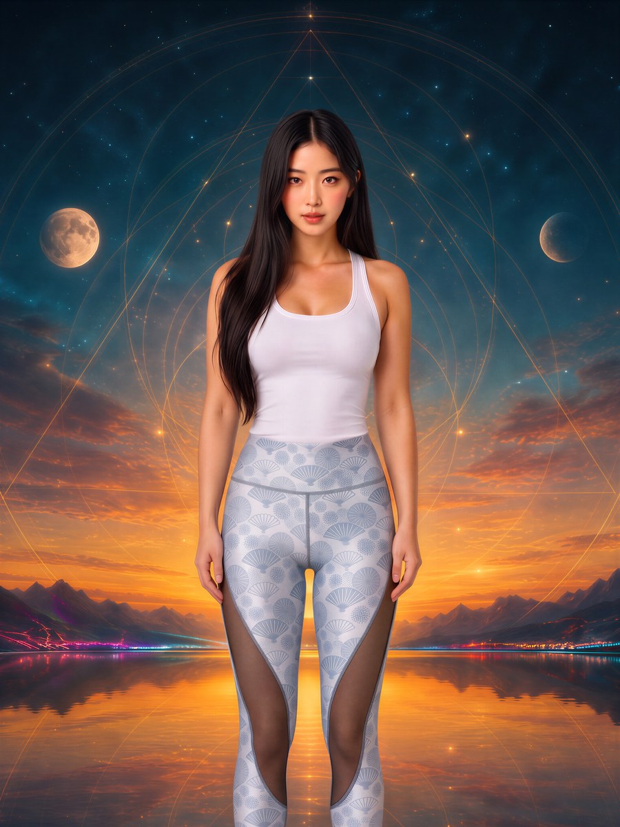 AI-generated image of the printed sport leggings worn, seen from the front