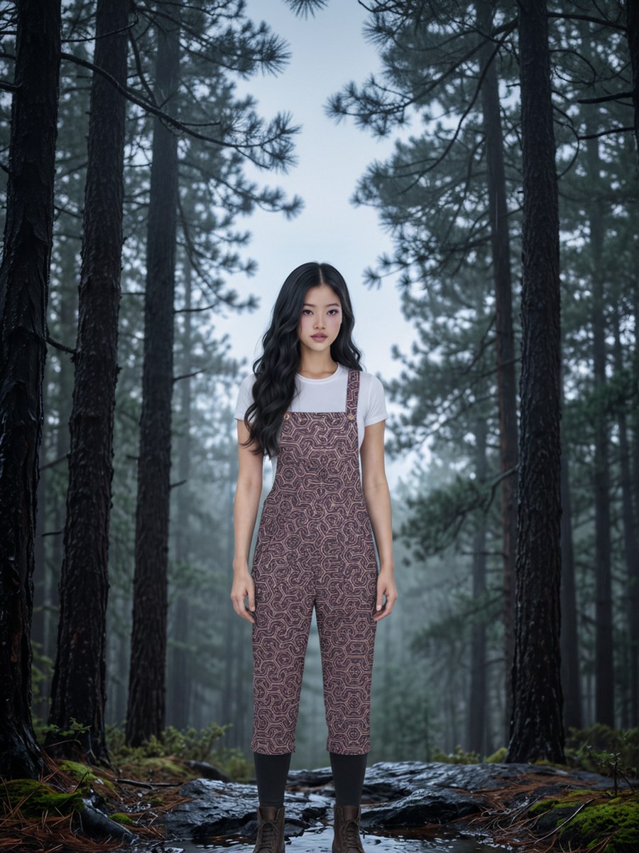AI-generated image of the printed linen overall worn, seen from the front