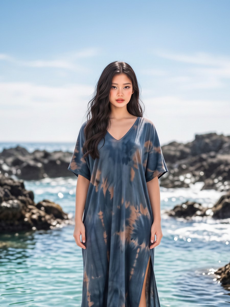 AI-generated image of the indigo tie-dye caftan worn, seen from the front