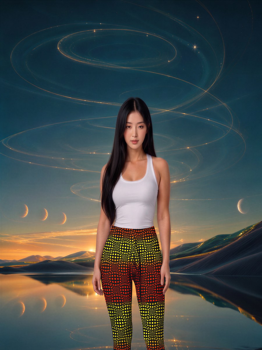 AI-generated image of the op-art dot leggings worn, seen from the front