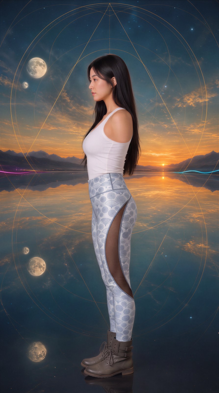 AI-generated image of the printed sport leggings worn, left profile