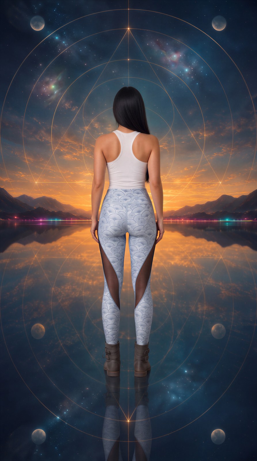 AI-generated image of the printed sport leggings worn, seen from behind