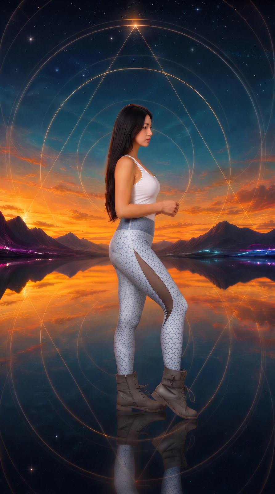 AI-generated image of the printed sport leggings worn, right profile