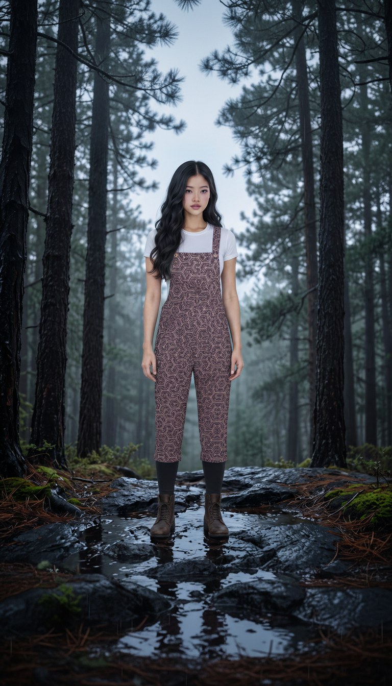 AI-generated image of the printed linen overall worn, seen from the front