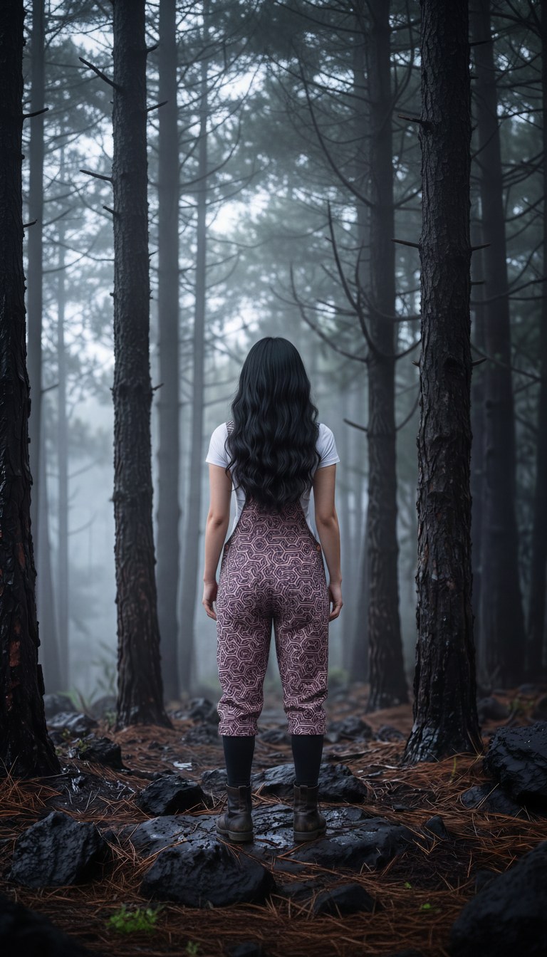 AI-generated image of the printed linen overall worn, seen from behind