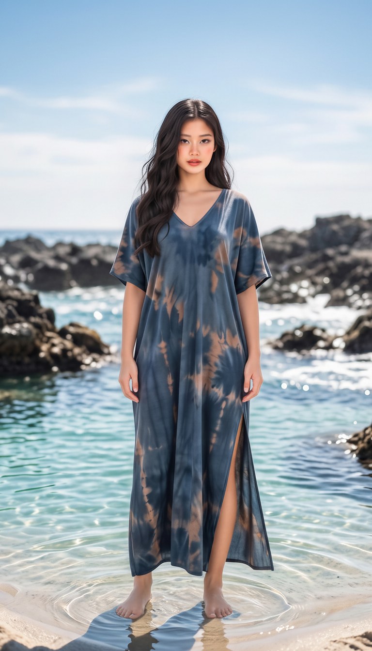 AI-generated image of the indigo tie-dye caftan worn, seen from the front