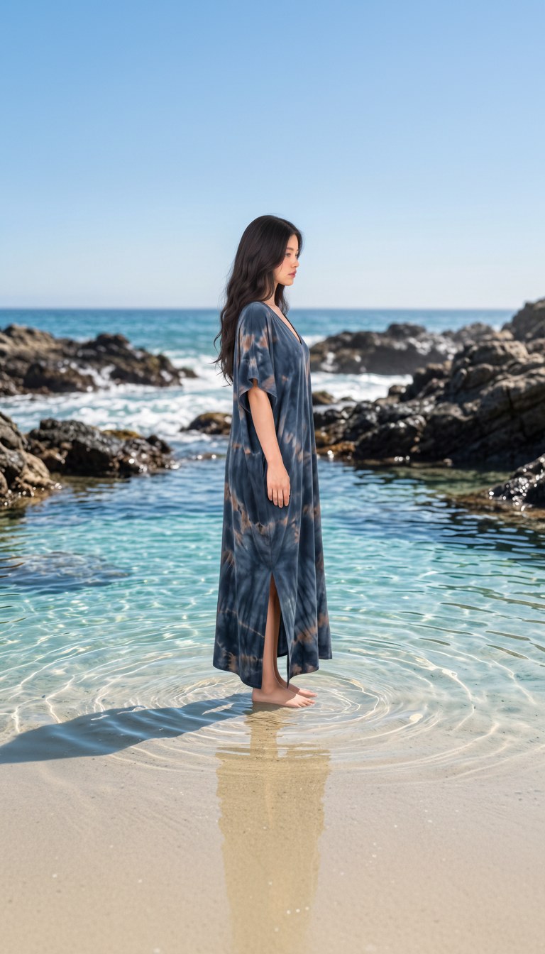 AI-generated image of the indigo tie-dye caftan worn, left profile