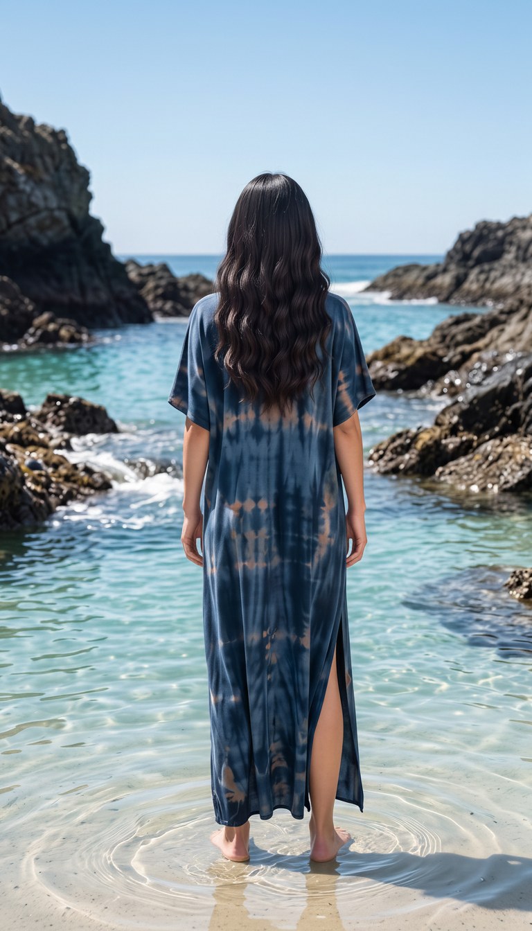 AI-generated image of the indigo tie-dye caftan worn, seen from behind