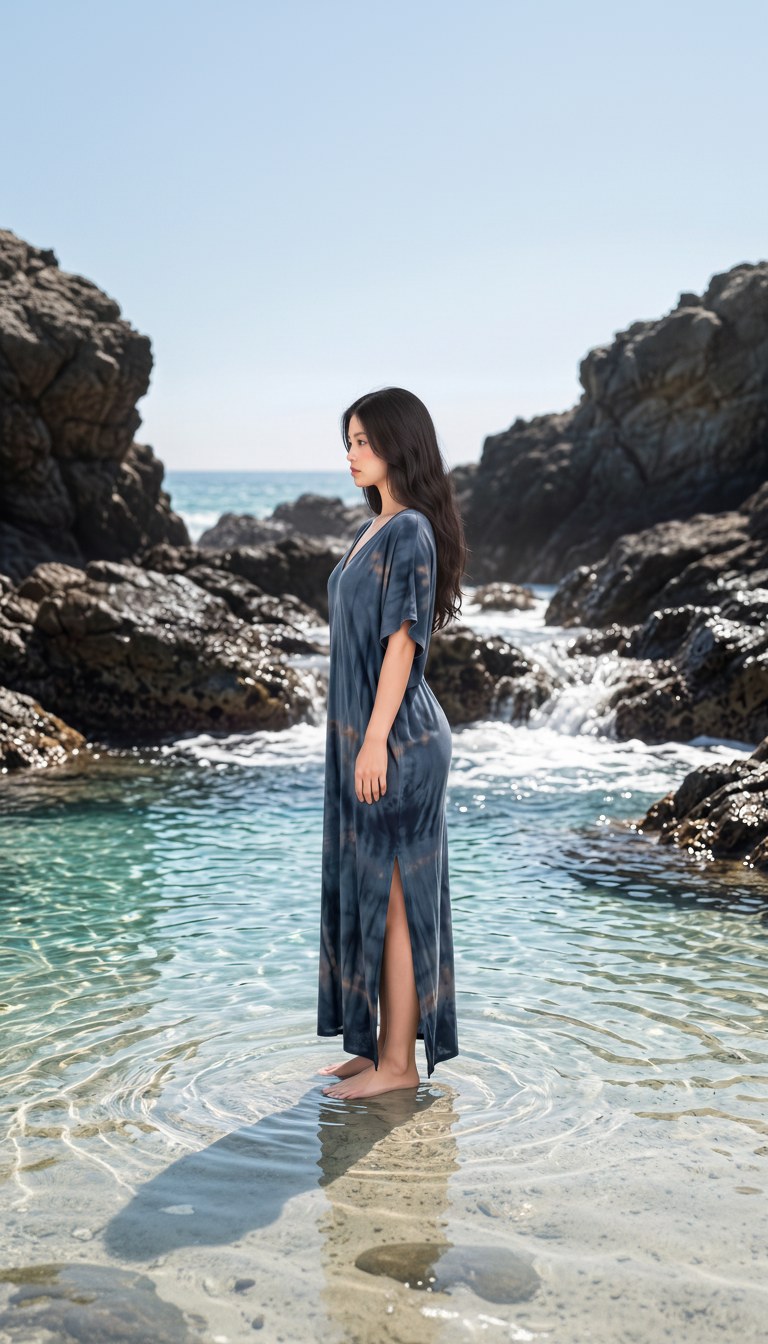 AI-generated image of the indigo tie-dye caftan worn, right profile