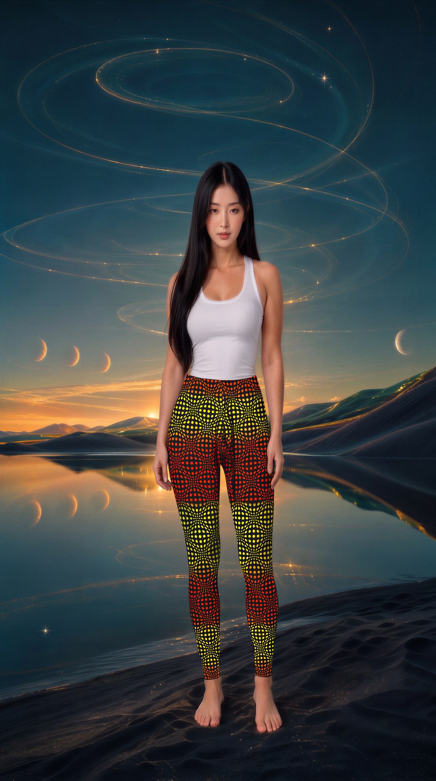 AI-generated image of the op-art dot leggings worn, seen from the front