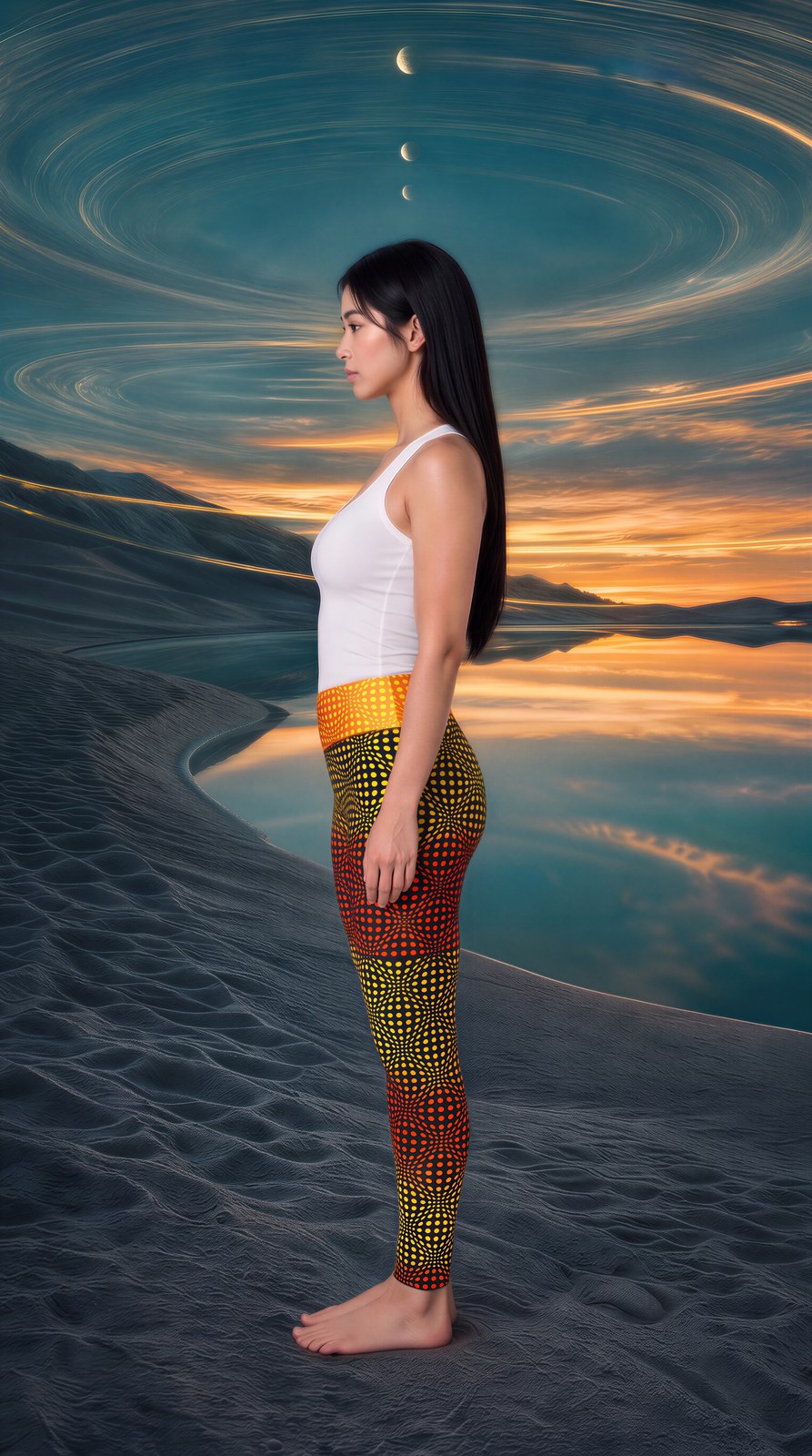 AI-generated image of the op-art dot leggings worn, left profile