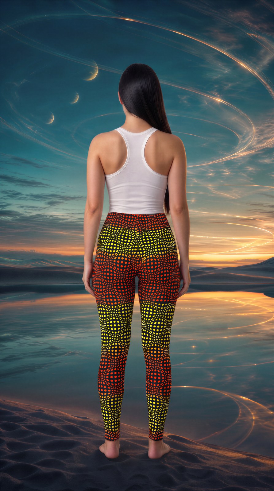 AI-generated image of the op-art dot leggings worn, seen from behind