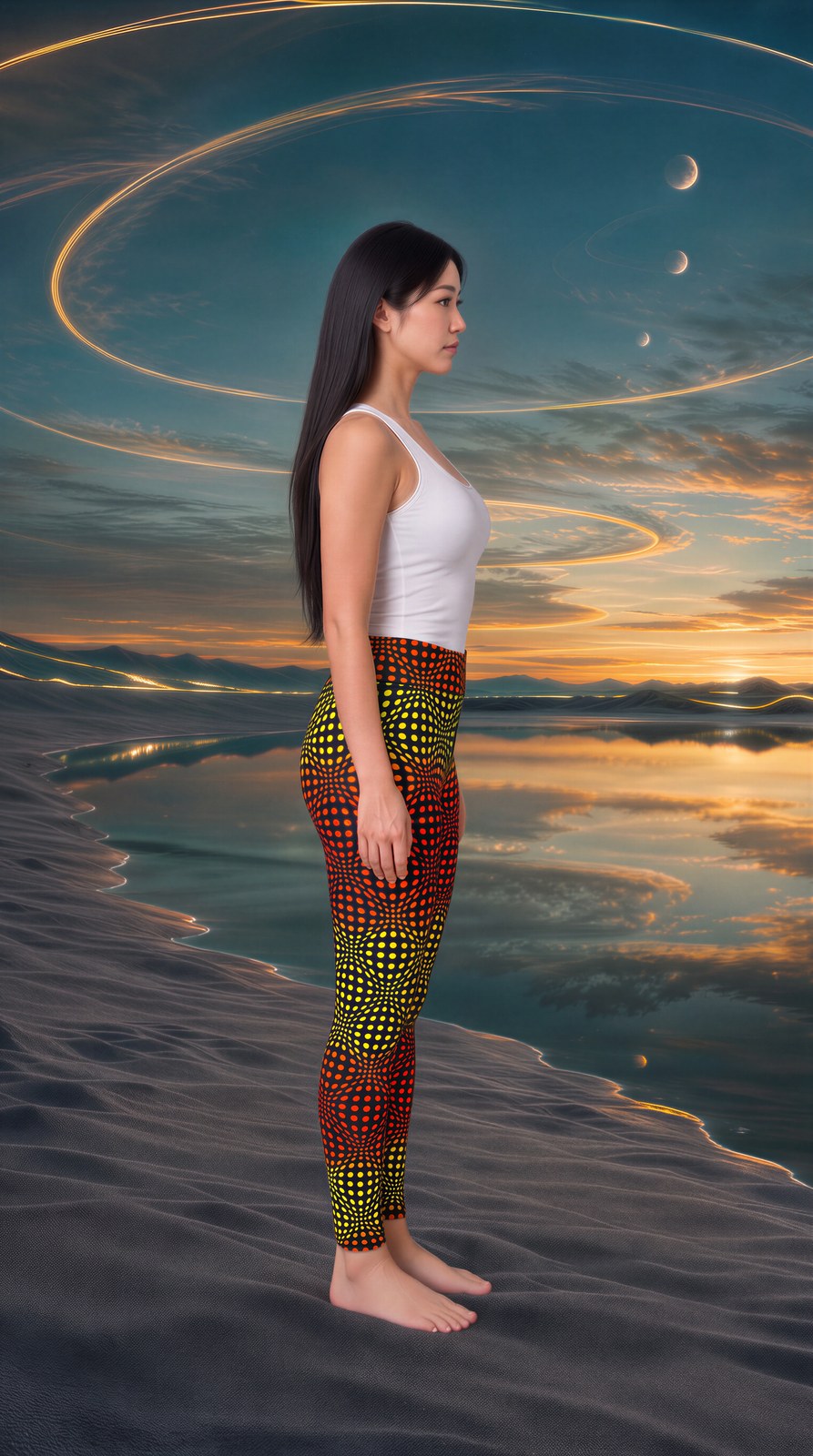 AI-generated image of the op-art dot leggings worn, right profile